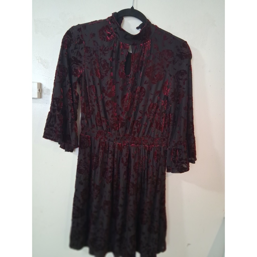 ModCloth Womens XS Burnout Velvet Floral Dress Burgundy Black Mock Neck Ruffle